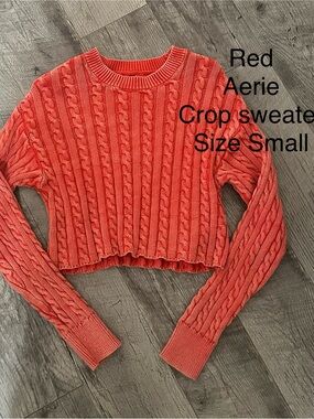 aerie Coral-Red Cable Knit Cropped Crew Sweater